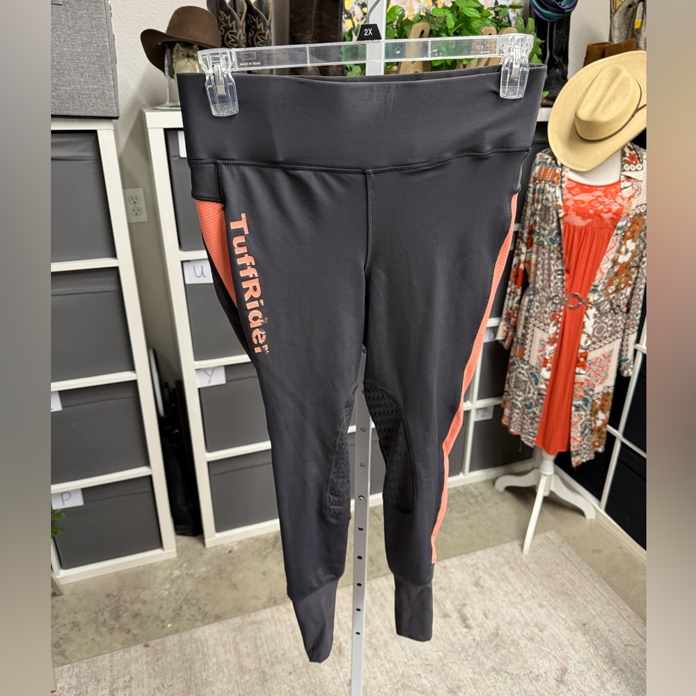 TuffRider Marathon Riding Tights Knee Patch Grey with Coral Accents